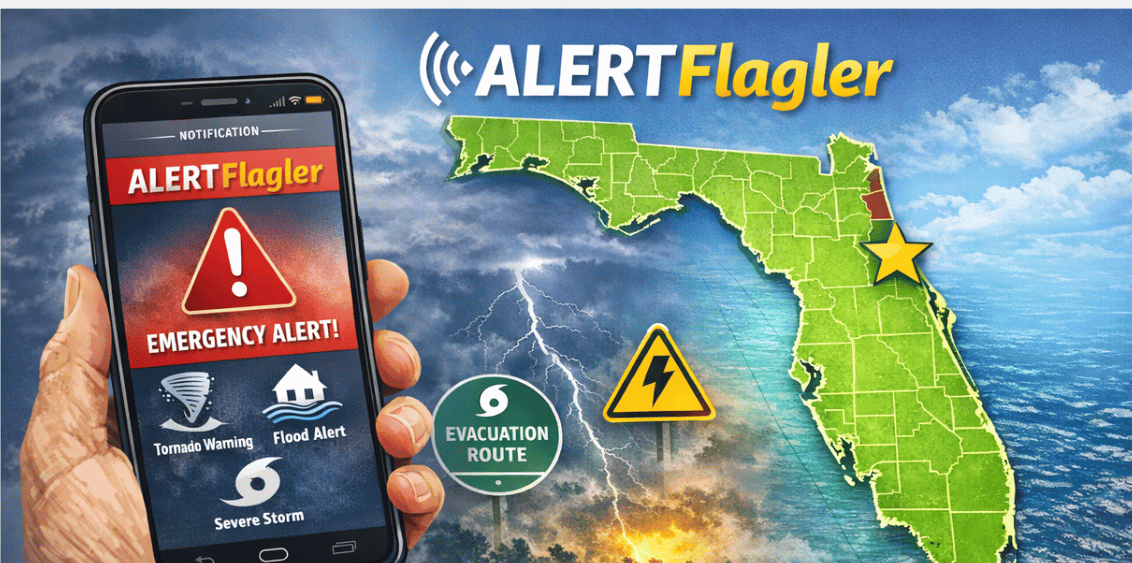 A mobile phone displaying an emergency weather alert notification alongside a map of Florida highlighting Flagler County with storm icons representing severe weather alerts, evacuation notices, and real-time emergency notifications through the ALERTFlagler system | Palm Coast Local