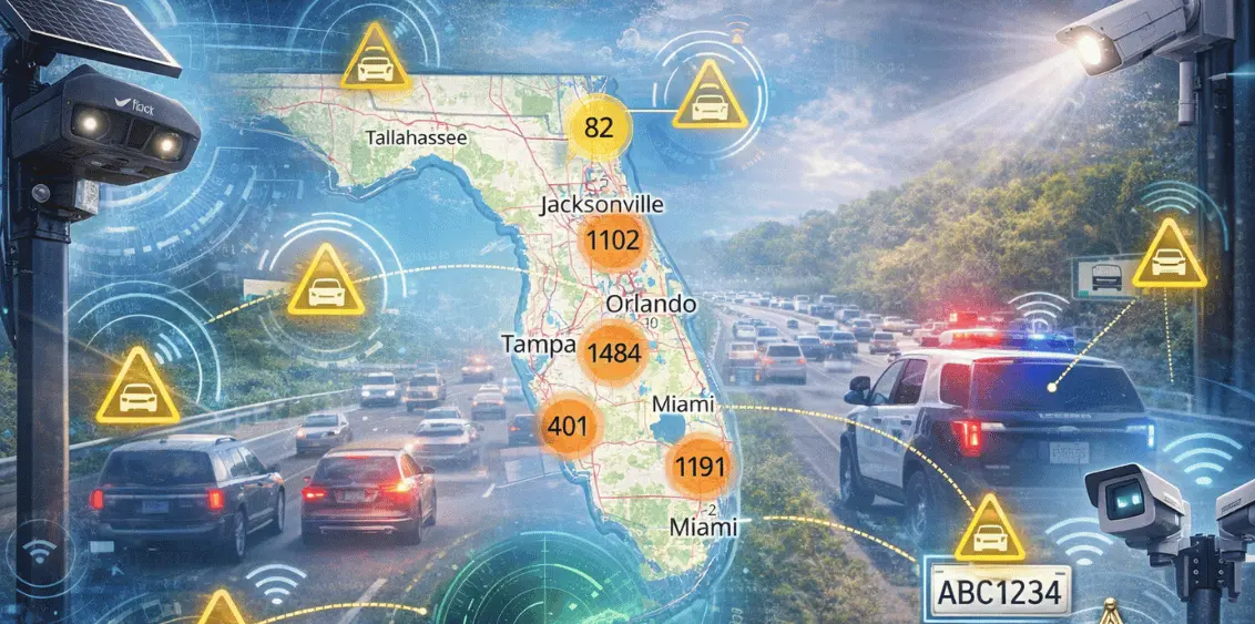 Florida map showing clusters of ALPR and Flock Safety license plate reader cameras across the state with icons representing surveillance, traffic monitoring, and law enforcement presence.