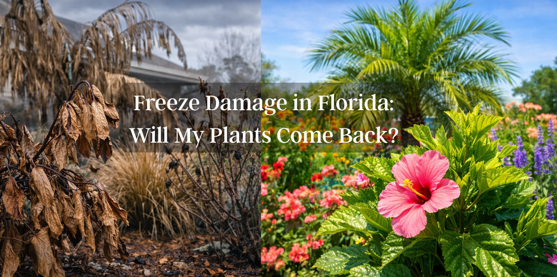 Composite image of a Palm Coast garden divided between freeze-damaged plants with brown, wilted foliage and vibrant spring growth with blooming flowers and healthy palm trees, illustrating plant recovery after temperatures fell below 30°F.
