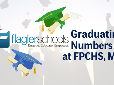 Flagler Schools logo with headline “Graduating Numbers Rise at FPCHS, MHS,” featuring green and blue graduation caps symbolizing Flagler Palm Coast High School and Matanzas High School and highlighting increased graduation rates across Palm Coast and Flagler County.
